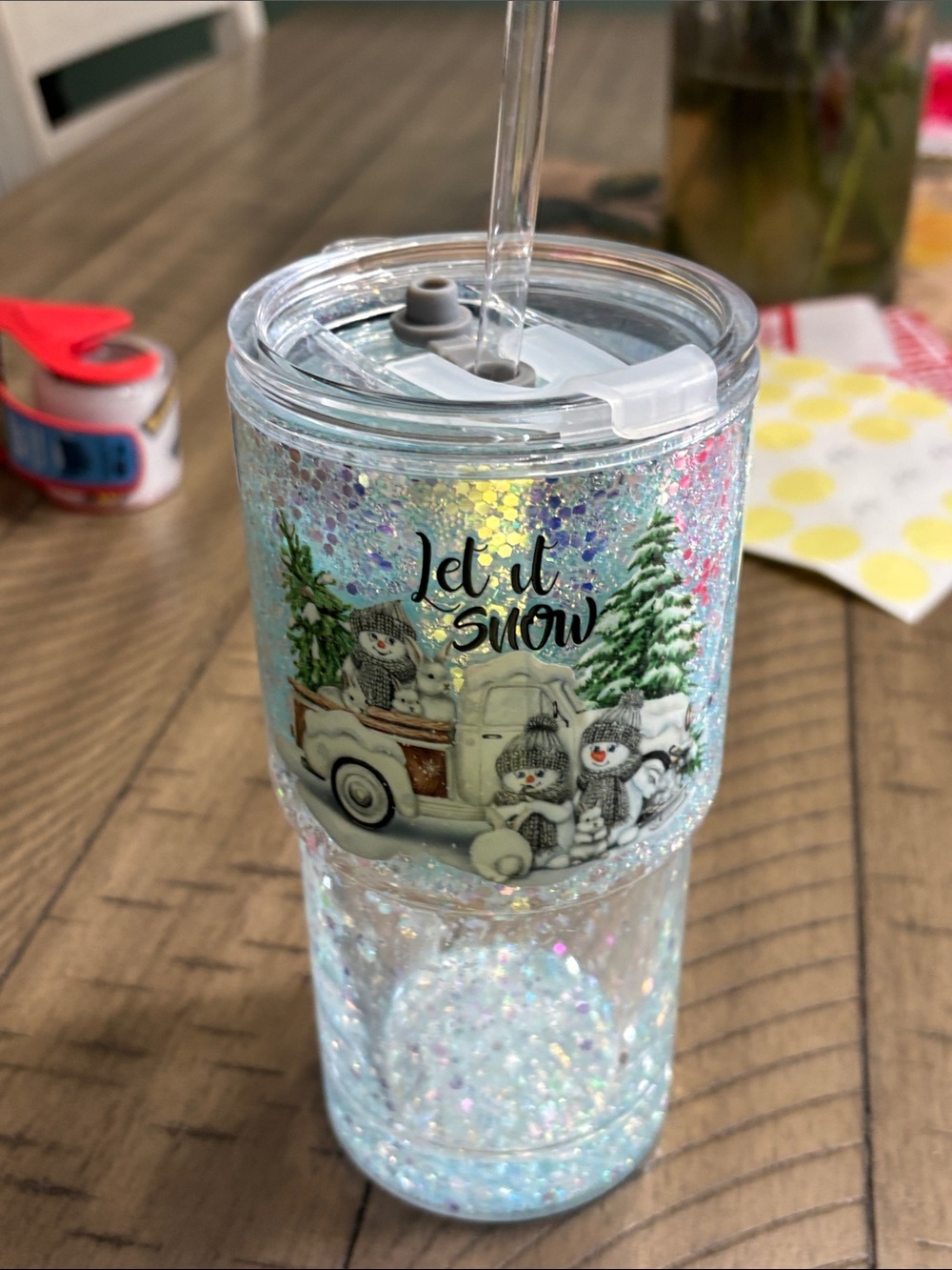 Let It Snow Glitter Travel Tumbler with Straw - Blue Sparkle
